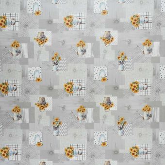 Ubrus PVC s textilním podkladem 1247-2, slunečnice v konvičce, šedá, š.140cm (metráž)