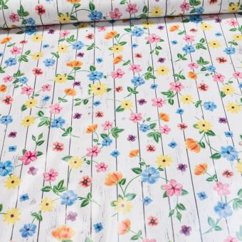 Ubrus PVC s textilním podkladem 200 A, barevné květiny na smetanovém dřevě, š.140cm (metráž)