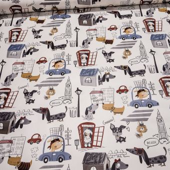 Ubrus PVC s textilním podkladem 4R3/03 DOGGY, pejsci a boudy na bílé, š.140cm (metráž)