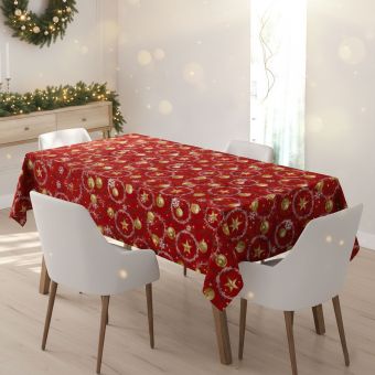 Ubrus PVC s textilním podkladem vánoční 1265-1, vánoční zlaté baňky na červené, š.140cm (metráž)