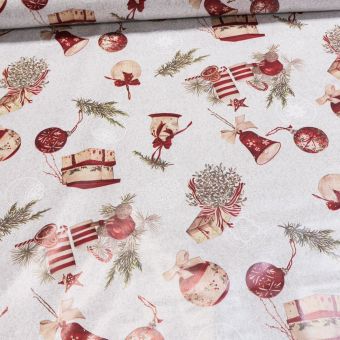 Ubrus PVC s textilním podkladem vánoční 473.1 vánoční ozdoby na béžové, š.140cm (metráž)