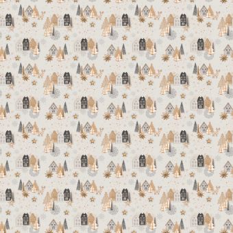 Ubrus PVC s textilním podkladem vánoční 6378-01, vánoční zlatá vesnička na bílé, š.140cm (metráž)