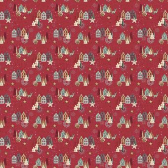 Ubrus PVC s textilním podkladem vánoční 6378-04, vánoční zlatá vesnička na červené, š.140cm (metráž)