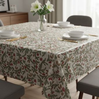 Ubrus PVC s textilním podkladem vánoční N5U/01 šišky s jehličím na šedé, š.140cm (metráž)