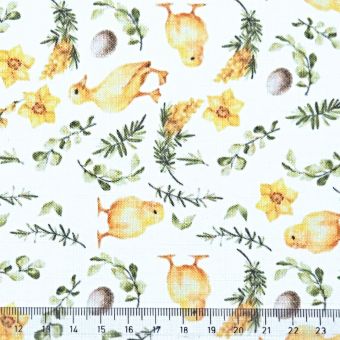 Ubrusovina / štola teflonová úprava, velikonoční KUŘÁTKA, bílá, š.38cm (metráž)