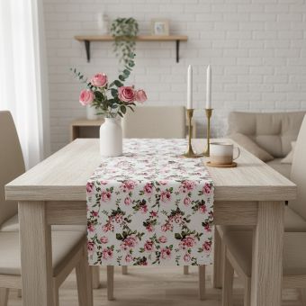 Ubrusovina / štola teflonová úprava, VIOLA, růžové květy, š.38cm (metráž)