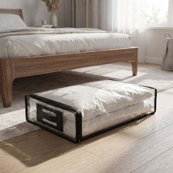 Úložný obal na lůžkoviny a deky 28×44×10 cm – taška se zipem a plastovým uchem, průhledný, černý lem