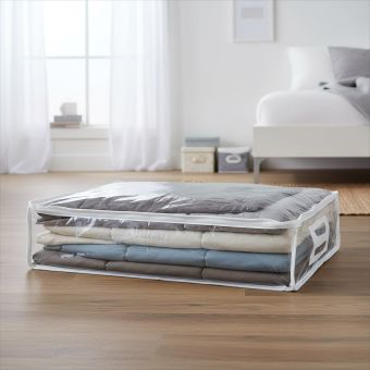 Úložný obal na lůžkoviny a deky 40×50×10 cm – taška se zipem a plastovým uchem, průhledný, bílý lem