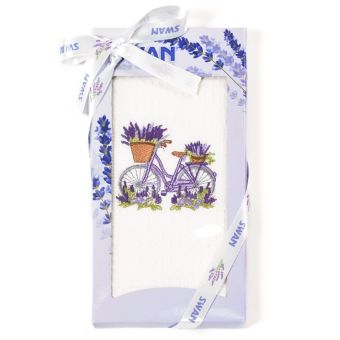 Utěrka SWAN 57 vaflová vyšívaná, dárkové balení, levandule a kolo na bílé, 1 kus 50x70cm