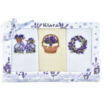 Utěrky KIARA 107 vaflové vyšívané, dárkové balení, levandule kolo košík věnec, smetanová a bílá, 3 kusy 50x70cm