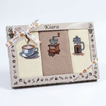 Utěrky KIARA 114 vaflové vyšívané, dárkové balení, mlýnek, káva, French press, béžová, 3 kusy 50x70cm
