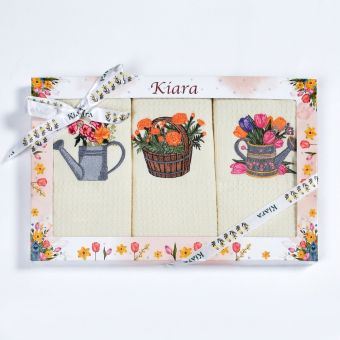 Utěrky KIARA 117 vaflové vyšívané, dárkové balení, květiny v konvičce a košíku na smetanové, 3 kusy 50x70cm