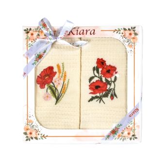 Utěrky KIARA 137 vaflové vyšívané, dárkové balení, vlčí máky na smetanové, 2 kusy 50x70cm
