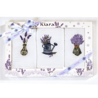 Utěrky KIARA 98 vaflové vyšívané, dárkové balení, levandule, bílá, 3 kusy 50x70cm