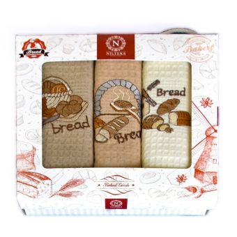 Utěrky MERLIN 91 vaflové vyšívané, dárkové balení, pečivo, béžová, 3 kusy 50x70cm