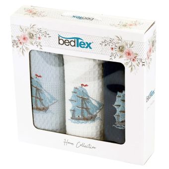 Utěrky vaflové / dárkové balení LODĚ, modré s výšivkou, 3 kusy 40x60cm