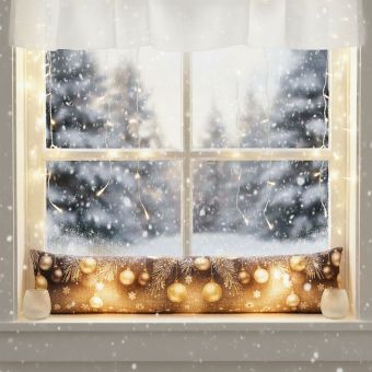Vánoční dekorační polštářek, okenní válec proti průvanu SVÍTÍCÍ CYH5918C, zlaté baňky na šedé 18x85cm