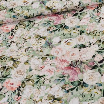 Viskózový úplet B0264, čajové růže na světle zelené, š.160cm (látka v metráži)