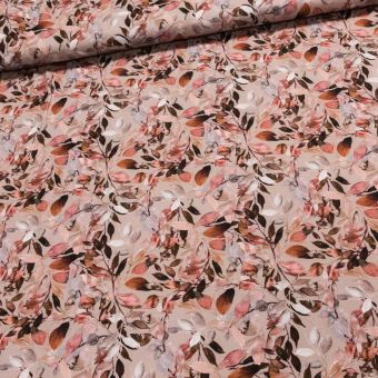 Viskózový úplet DIGITÁLNÍ TISK 2903 1161 lístky na béžové, š.150cm (látka v metráži)