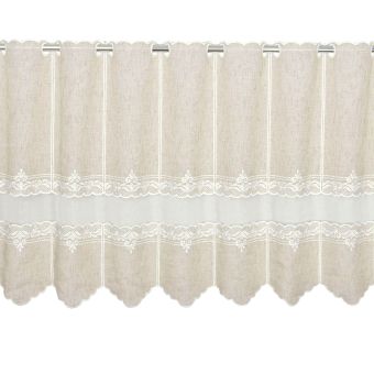 Vitrážová záclona, polyesterový batist 27027, REŽNÁ, vyšívané ornamenty s tylem, s bordurou, (více výšek, v metráži)