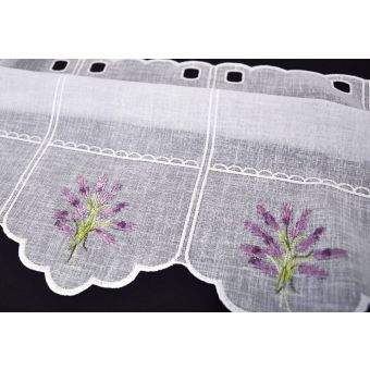 Vitrážová záclona polyesterový batist 56491, vyšívaná fialová levandule, bílá (více výšek, v metráži)