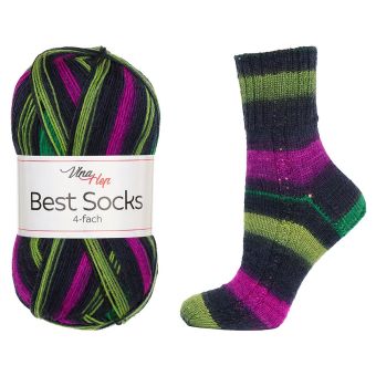 Pletací / háčkovací příze Vlna-Hep BEST SOCKS 4-fach 7722 tlumená černo-zeleno-fialová, vzorovaná, ponožková, 100g/420m