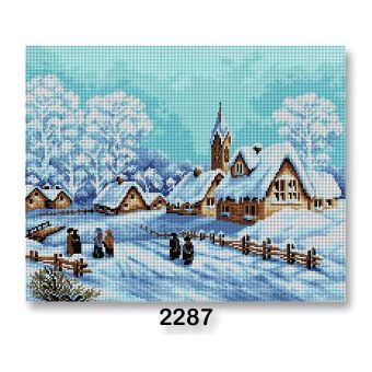 Vyšívací předloha, obrázek na vyšívání 70242/2287, vesnice v zimě, bílo-modrá, 40x50cm