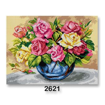 Vyšívací předloha, obrázek na vyšívání 70243/2621, váza s květinami, růžovo-žlutá, 30x40cm