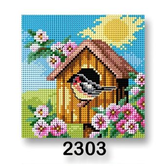 Vyšívací předloha, obrázek na vyšívání 70244/2303, budka jaro, růžovo-modrá, 15x15cm