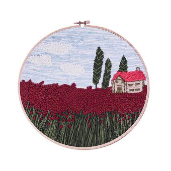 Vyšívací sada s předtištěným motivem 380731/2, vlčí máky s krajinou (rámeček, předtisk, jehly a příze), průměr 26,5cm