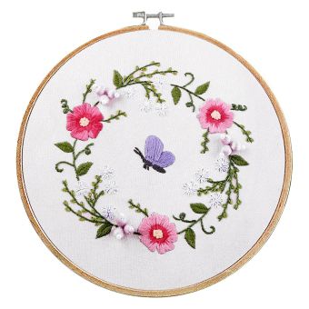Vyšívací sada s předtištěným motivem 380732/4, květiny s motýlkem (rámeček, předtisk, jehly a příze), průměr 20,2cm