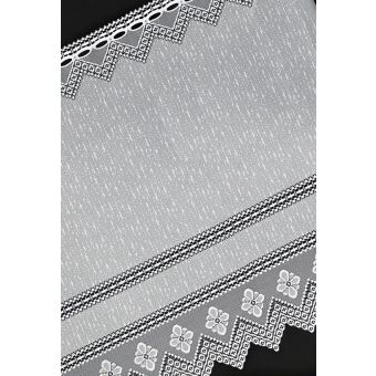 Žakárová vitrážová záclona 605962/001, květiny s proužkem, s bordurou, bílá (více výšek, v metráži)