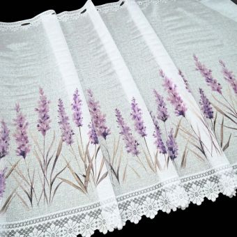 Žakárová vitrážová záclona LEVANDULE TISK, levandule fialová, bílá, s bordurou (více výšek, v metráži)