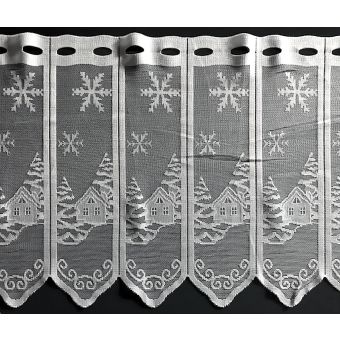 Žakárová vitrážová záclona ZIMNÍ CHALOUPKY 977, s bordurou, bílá, (více výšek, v metráži)