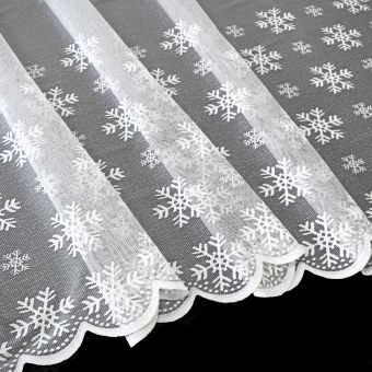 Žakárová záclona ZIMNÍ ČAS 36010570, vločky, s bordurou, bílá (více výšek, v metráži)