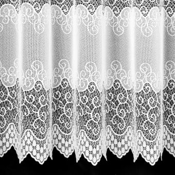 Žakárová záclona 727, ornamenty v pruzích, s bordurou, bílá, (více výšek, v metráži)