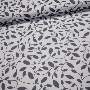 Zatemňovací / termoizolační závěs, blackout 10076/02 šedé listy na bílé, šířka 150cm (látka v metráži)