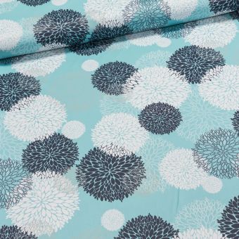 Zatemňovací / termoizolační závěs, blackout 10111/04 bílé a černé květy na tyrkysové, šířka 150cm (látka v metráži)