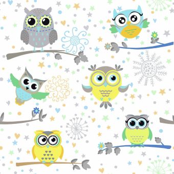 Zatemňovací / termoizolační závěs, dětský blackout 361038-103 SOVY na větvi, zelené, šířka 150cm (látka v metráži)