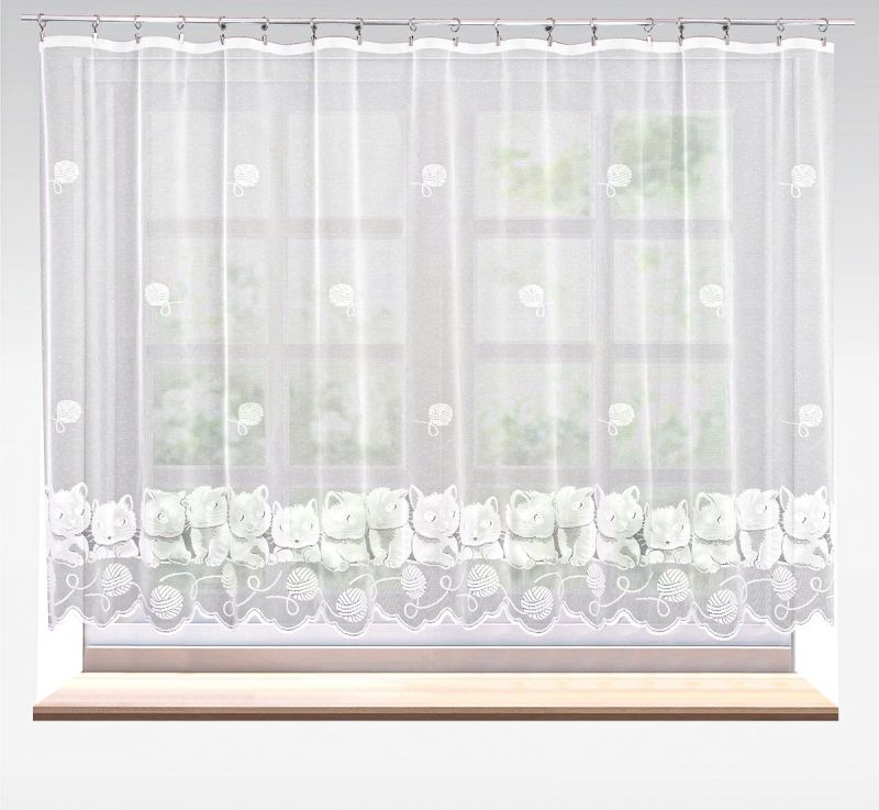 Žakárová záclona dětská KOČKA 607466, s bordurou, bílá (více výšek, v metráži)
