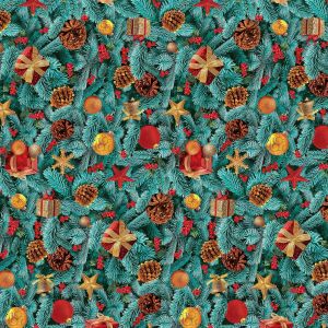 Ubrus PVC s textilním podkladem vánoční 20A jehličí, šišky a dárky, š.140cm (metráž)