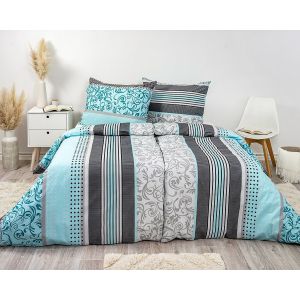 Povlečení KAROLINE 093 tyrkysovo-šedé ornamenty v proužcích, krep, 140x200cm + 70x90cm