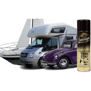 Automotive čalounické lepidlo ve spreji SOVEREIGN TRIM STAY, 500 ml – vysoká pevnost, odolné do 130 °C, pro stropnice a pěny