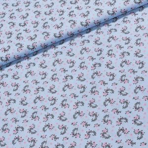 Bavlněné plátno 303000 růžový kvítek s lístky na světle modré, š.140cm (látka v metráži)