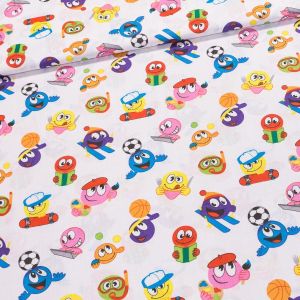 Bavlněné plátno dětské 103000/15834 ORIG, smajlíci sportovci, modrá, š.140cm (látka v metráži)