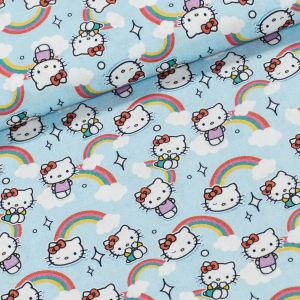 Bavlněné plátno dětské 7023, HELOO KITTY a duha na modré, š.150cm (látka v metráži)