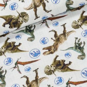 Bavlněné plátno dětské 7027, JURSKÝ PARK, dinosauři na bílé, š.150cm (látka v metráži)
