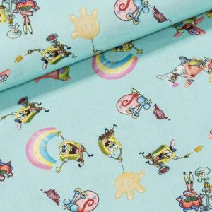 Bavlněné plátno dětské 7030, SPONGE BOB na modré, š.150cm (látka v metráži)
