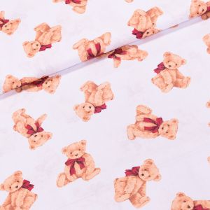 Bavlněné plátno dětské ANIKA medvídek s červenou mašlí na bílé, š.160cm (látka v metráži)