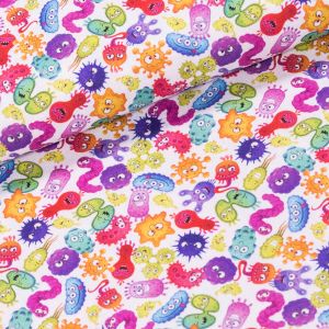 Bavlněné plátno dětské TREND VIRUS 60 MULTICOLOR, barevné viry na bílé, š.150cm (látka v metráži)